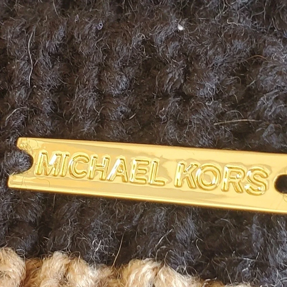 Michael Kors Beanie Hat Camel Black Striped‎ Pom Pom Winter Knit One Size
